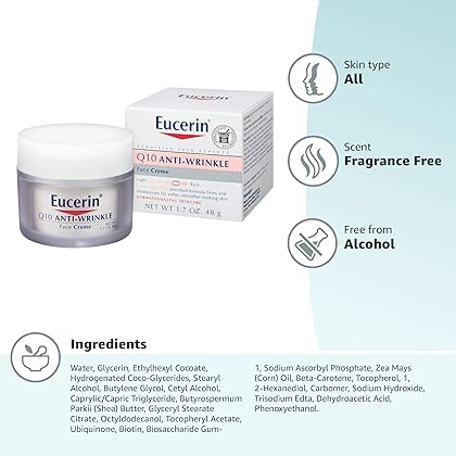 Eucerin Q10 Anti-Wrinkle Face Cream, Unscented Face Cream for Sensitive Skin, 1.7 Oz Jar