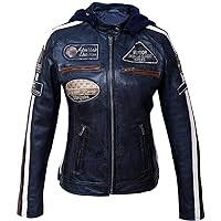 Ladies Retro Biker Badges Logos Style Motorcycle 100% Genuine Leather Jacket With Detachable Hood