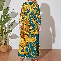 Divine Golden Lion Women Plus Size Maxi Dress Long Sleeve Casual Printed
