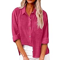 Plus Size Tops for Women,Linen Button Down Shirt Women Collared V Neck Solid Color Long Sleeve Blouse Summer Solid Color Tops with Pocket Women Tops Short Sleeved