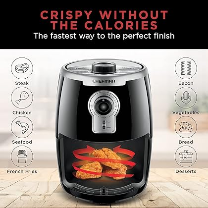 Chefman Small Compact Air Fryer Healthy Cooking, 2 Qt Nonstick, User Friendly and Adjustable Temperature Control w/ 60 Minute Timer & Auto Shutoff, Dishwasher Safe Basket, BPA-Free, 2 Quart, Black