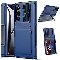 Kickstand Case for Samsung Galaxy Z Fold 5 with Card Holder, Built-in Slide Lens Cover & Screen Protector & Hinge Protection, Shockproof Rugged Stand Wallet Phone Case for Samsung Z Fold 5, Blue