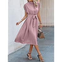 Women's Dress Batwing Sleeve Belted Dress Dress (Color : Dusty Pink, Size : Large)