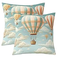 Feelyou Colorful Hot Air Balloon Cushion Covers Hot Air Balloon Throw Pillow Covers for Kids Boys Girls Blue Sky Pillow Covers for Home Sofa Bed Couch White Clouds Pillowcases, 24X24 Inches Set of 2