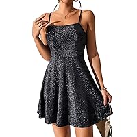 Women's Dress Sundresses for Women Solid Sequin Cami Dress Sundresses for Women Dress for Women (Color : Black, Size : XX-Small)