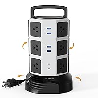 Power Strip Tower Surge Protector, JACKYLED 12 Outlets 6 USB (2 USB C) Charging Station, Extension Cord with Multiple Outlets, 1050J 1625W/13A Outlet Extender 6.5ft Extension Cord for Home Office
