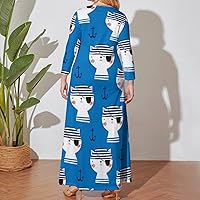 Cute Pirate Cat Women Plus Size Maxi Dress Long Sleeve Casual Printed