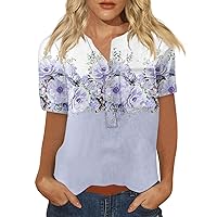 Tops for Women Trendy,Women's Short Sleeve V Neck Button Down Fashion Casual Vintage Print Shirts Blouse