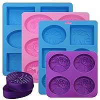 Silicone Soap Molds, 4 Pack Silicone Soap Molds for Soap Making, 6 Cavities Include Rectangle and Oval Ellipse Shapes, Flower Designs for Handmade Bar Soap (Blue & Pink & Purple)