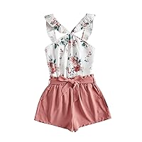 Verdusa Girl's 2 Piece Outfit Floral Print Sleeveless Blouse and Short Sets