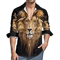 Portrait of A Beautiful Lion Men's Shirt Loose Fit Long Sleeve Shirt Beach Button-Up Casual Shirts Wedding Shirt