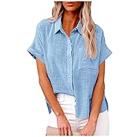 Plus Size Women Basic Cotton Linen Button Down Shirts Cuffed Short Sleeve Lapel Split Side Loose Solid Color Blouses