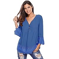 Womens Lace Detail Solid Color Button Up Sleeved Blouse