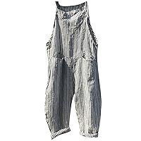 Women's 's Fashion Overalls Casual Pocket Tie Sleeveless Striped Jumpsuit Overall Shorts Summer