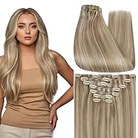 Blonde Clip in Hair Extensions Highlight Human Hair 18 Inch for Thick Hair Invisible Clip in Human Hair Extensions Straight Remy Hair Mix Blonde Hair 18 Inch