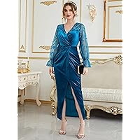 Dresses for Women - Contrast Lace Flare Sleeve Wrap Hem Velvet Dress