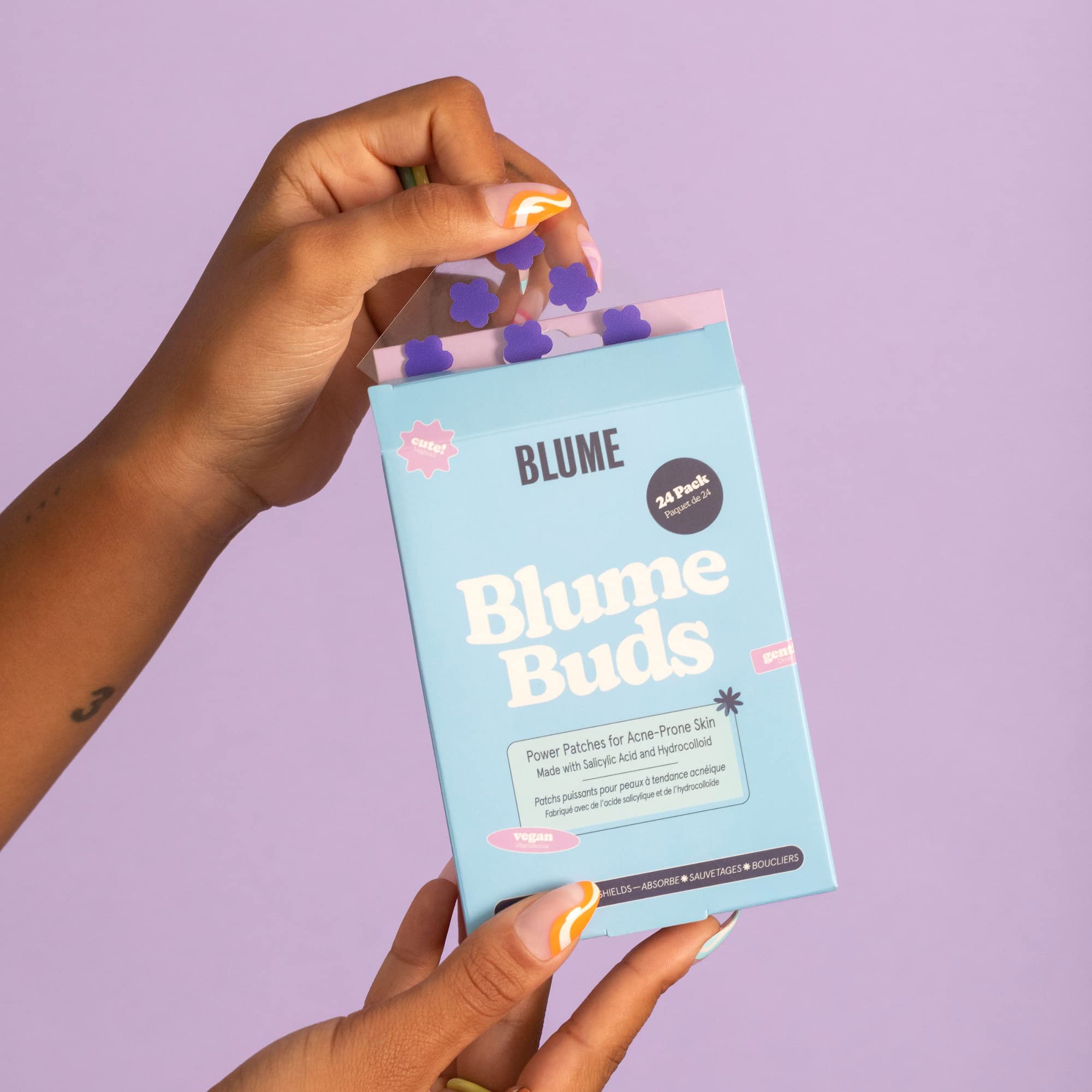 Blume Buds Power Acne Patches - Unscented Salicylic Acid + Hydrocolloid Patches - Calming Biodegradable Pimple Patches & Zit Stickers for All Skin Types (24 count)