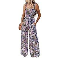 Dokotoo Women's Casual Loose Overalls Jumpsuits One Piece Sleeveless Printed Wide Leg Long Pant Rompers With Pockets
