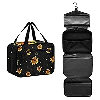 Flowers on Black Toiletry Bag for Women Travel Makeup Bag Organizer with Hanging Hook Cosmetic Bags Hanging Toiletry Bag for Women Men Travel Bag for Toiletries Brushes Accessories Bottle