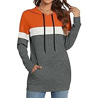 CATHY Women's Casual Drawstring Pullover Tunic Top Long Sleeve Color Block Hoodie Sweatshirts With Pocket