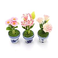 Dollhouse Flower Miniature Color Pink in Pots Set 3 Pots Dollhouse Decoration Made of Artificial Clay Realistic it Very Cute.