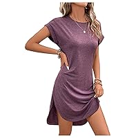 OYOANGLE Women's Short Sleeve Round Neck T Shirt Dress Side Slit Solid Short Dresses