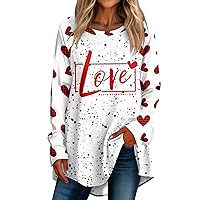Happy Valentine's Day Shirt, Women's Casual Plus Size Long Sleeved Round Neck Valentine's Day Printed T-Shirt Top