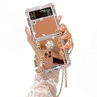 for Samsung Galaxy Z Flip 3 5G Mirror Case with Crossbody Lanyard Luxury 3D Sparkle Crystal Diamond Bling Glitter Cute Slim Makeup Hard PC Phone Case for Galaxy Z Flip 3 Women Girls, Gold