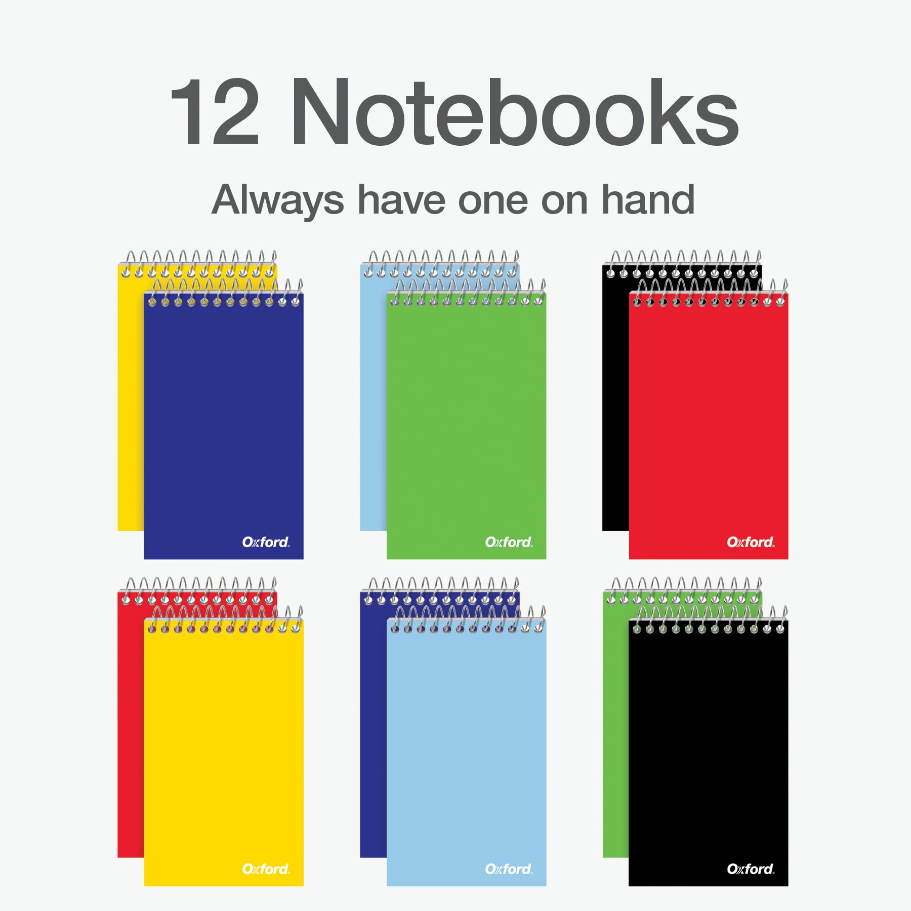 Oxford Spiral Memo Pads, Top Wire Bound, 3 x 5 Inch Pocket Notepad, College Ruled, 6 Assorted Primary Colors, 75 Sheets, 12 Pack (25092)
