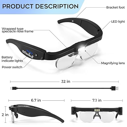 Dilzekui Headband Magnifier with LED Light 1.5X to 3.5X + 1.5X to 5.0X Magnifying Glasses with Light for Close Work