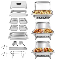 5 Pans Chafing Dish Buffet Set Stainless Steel 8QT with Full Size and 4 1/2 Size Pans Portable Serve Food Warmer for Catering Parties Wedding Graduation Commercial Events, 3 Packs Silver