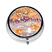 Goldfish and Pearls Print Round Pill Box Cute Mini Metal Pill Case with 3 Compartment Portable Travel Pillbox Medicine Organizer for Pocket Wallet