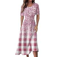 Women's Midi Dress 2024 Elegant Floral Print Short Sleeve Dress V Neck High Waist Boho Beach A-Line Dress