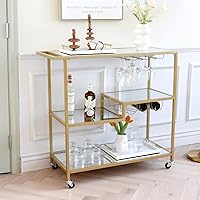 Gold Mirror Rolling Bar Serving Cart in Lockable Wheels, Wine Cart with Wine Holders and Glass Rack, for Kitchen, Living Room, Drink Coffee Bar, Dining Room, Christmas, New Year Party