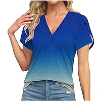 Womens Short Sleeve Tops Womens Tshirts V Neck Summer Tops Short Petal Sleeve Casual Tee Fashion Gradient Tee Blouse Loose Fit T Shirts Royal Blue Tops for Women
