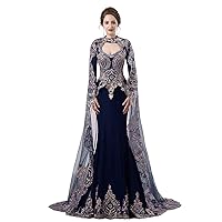 Women's Vintage Satin Long Sleeves Evening Dress with Veil Lace Appliques Beaded Mermaid Formal Prom Gowns Navy Blue