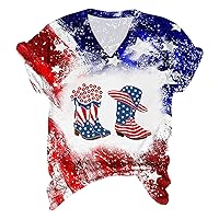 July 4th Womens Patriotic Shirt Cute Gnomes Graphic Tees V Neck Tie Dye T-Shirt Memorial Day American Flag Tops