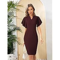 Dresses for Women Notch Neck Butterfly Sleeve Dress (Color : Maroon, Size : Small)