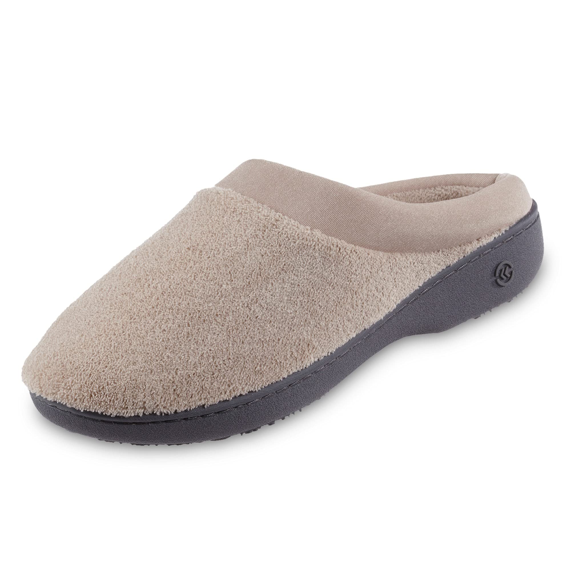 isotoner Women's Terry and Satin Slip on Cushioned Slipper with Memory Foam for Indoor/Outdoor Comfort Flat Sandals