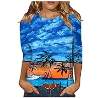 Summer Tops for Women 2024 Womens Casual Hawaii Shirts Beach Printed Tropical Blouses Crewneck 3/4 Sleeve T Shirt