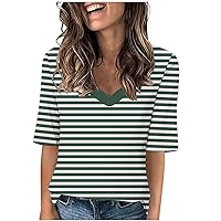 Womens Striped Color Block Print T Shirts Summer Casual Short Sleeve V Neck Tees Loose Fit Going Out Tops Blouses