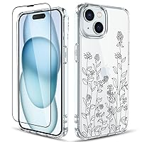 Compatible with iPhone 15 Case with Screen Protector, Flower Pattern Design, Floral Clear Women Phone Case Shockproof Protective Hard PC+TPU Bumper Cover 6.1 Inch 2023 (Floral-14)