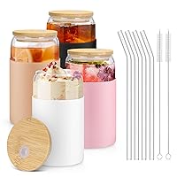 sungwoo Glass Cups with Bamboo Lids and Straws, 16OZ Ice Coffee Cup with Silicone Sleeve, Drinking Cup set with Wooden Lids, Home Essential Glass Tumblers for Beer, Cocktail, Tea and Latte 4 Pack