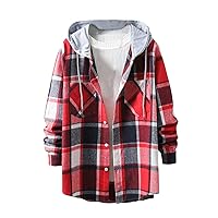 Men's Plaid Flannel Shirt Jackets Hoodie Casual Long Sleeve Cotton Lightweight Button Down Hooded Sweatshirt Tops