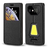 for Unihertz 8849 Tank Mini 1 Case, Wood Grain Leather Case with Card Holder and Window, Magnetic Flip Cover for Unihertz 8849 Tank Mini 1 (4.3”) Black
