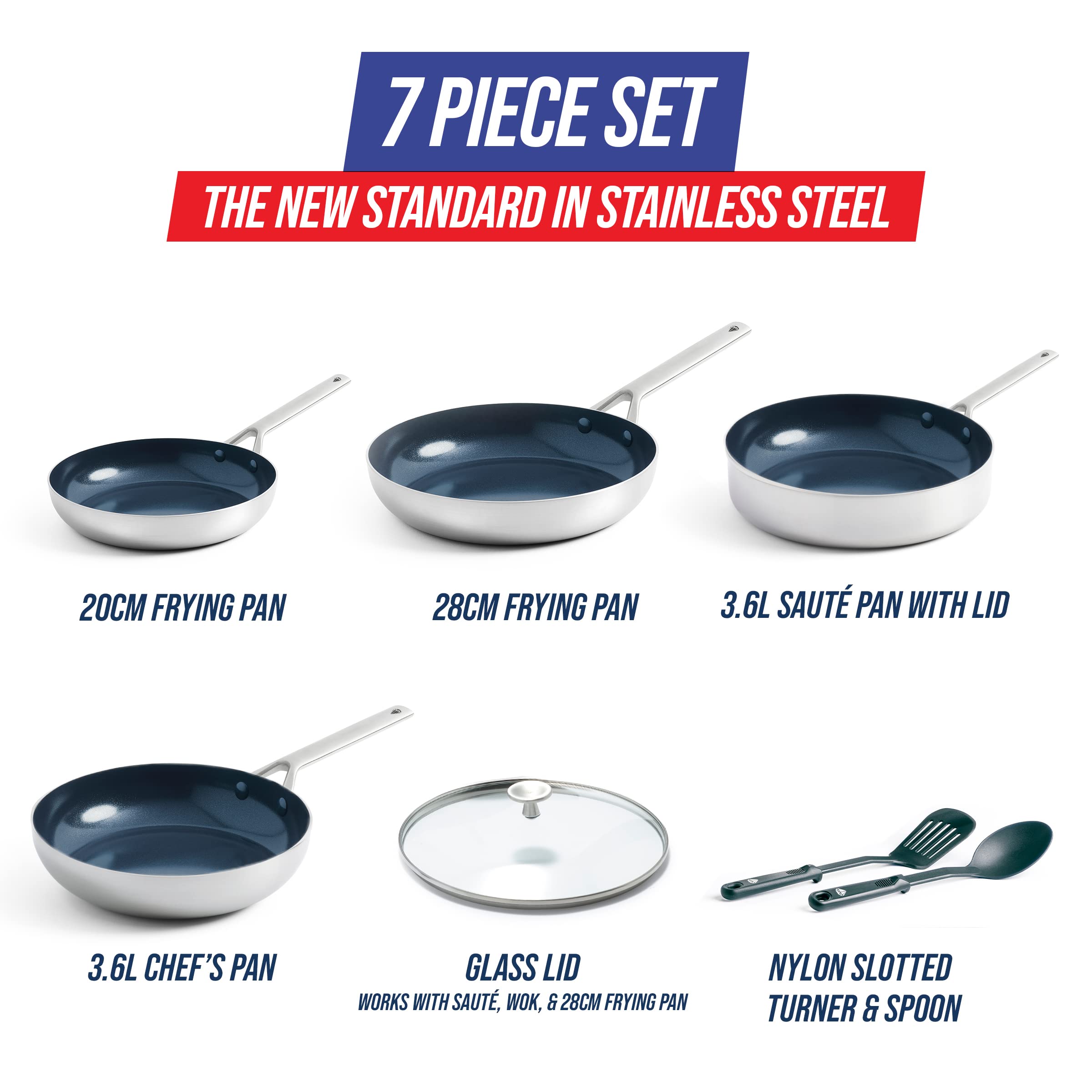 Blue Diamond Cookware Tri-Ply Stainless Steel Ceramic Nonstick, 7 Piece Cookware Pots and Pans Set, PFAS-Free, Multi Clad, Induction, Dishwasher Safe, Oven Safe, Silver