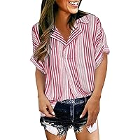 Women's T Shirts Casual, Summer Short Sleeve Lapel Striped Top Shirt for Women Long, S, XL