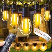 LED Outdoor String Lights Patio - 50FT Dimmable Hanging Light with Remote, 16 Waterproof Shatterproof Edison Bulbs, 3 Modes 2 Timer Outside Lighting Connectable for Graden Porch Backyard Balcony Cafe