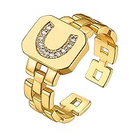 Cubic Zirconia Letter Rings Gold, Bold Initial Open Ring Adjustable for Women Statement Rings for Party