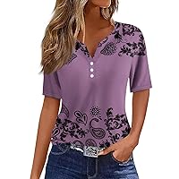 V Neck Button Shirts for Women Short Sleeve Plus Size Summer Tops Dressy Casual Printed Graphic Tees Blouses